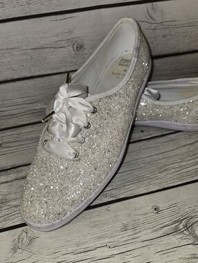 Keds x Kate Spade Glitter Sneakers Size 8 White Sparkle Ribbon Lace Bridal Casua